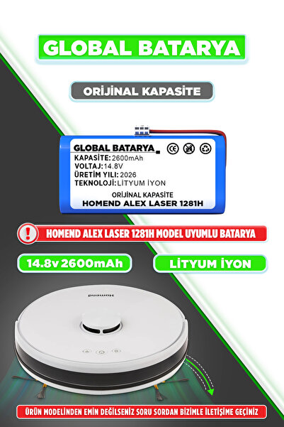 GLOBAL BATARYA Homend Alex Laser 1281h Akıllı Robot Süpürge Bataryası 14.8v 2...