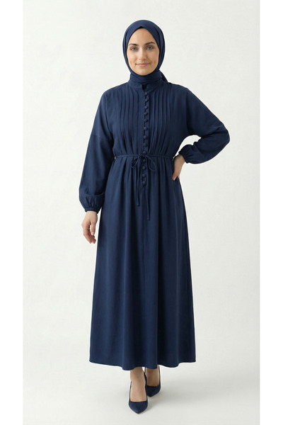 MİHRA STORE Φόρεμα με ραβδώσεις και λεπτομέρειες από μοντάλ - ZN2094 Ναυτικό ...