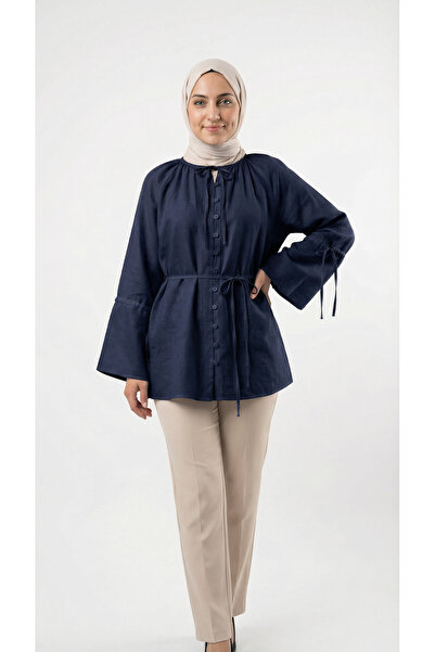 MİHRA STORE Πουκάμισο Nurşen με στριφτή ραφή στον ώμο - ZN2098 Σκούρο Μπλε