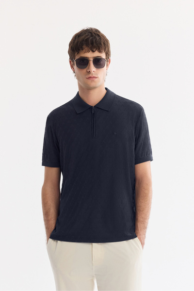 Avva Men's Navy Blue Non-Curling Zippered Polo Collar Regular Fit T-Shirt A61...