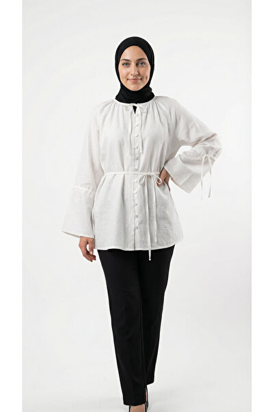 MİHRA STORE Πουκάμισο Nurşen με στριφτή ραφή στον ώμο - ZN2098 Λευκό