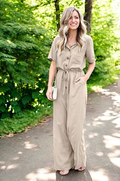 Toridas Kısa Kollu Bağcıklı Kadın Keten Tulum