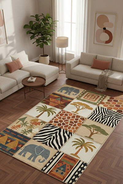 The Reef Design Safari Desenli Halı Etnik Patchwork Dijital Baskılı Kaymaz Yı...