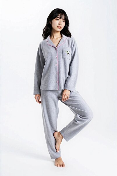 Ecrou Set de pijamale pentru femei, gri Melange Waffle Panda Kingdom guler ti...