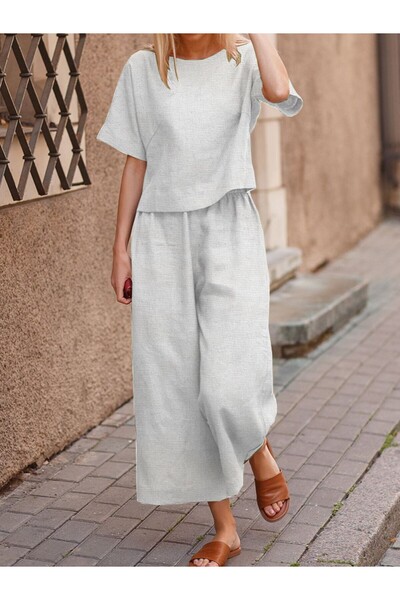 Toridas Keten Günlük Rahat Beli Lastikli Kadın İkili Takım Alt Üst