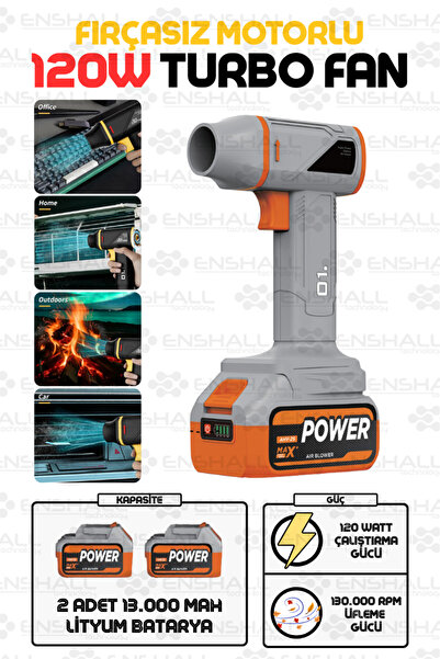 Enshall 130.000 RPM Ultra Güçlü Şarjlı Üfleme Cihazı Auhma Jetfan Çift Batary...