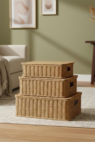 Bayev Crate 700789 Set de 3 coșuri decorative cu capac din ratan - 3 dimensiu...