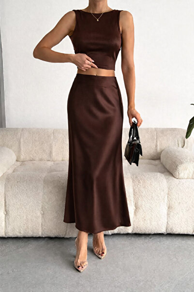Ruby Wear Kadın Uzun Saten Etek Yüksek Bel Lastikli Düz Kesim Şık Ofis Günlük...