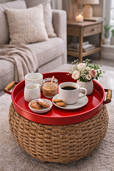 Arma House Kırmızı Country Tarzı Orta Boy Metal Tepsi 32 Cm