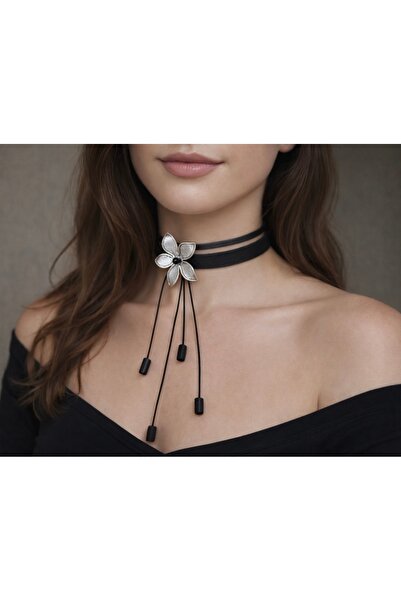 DENİZ TASARIM Deri ve Gümüş Kaplama Çiçekli Choker Kolye
