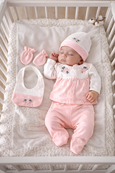 Sitilin Baby Girl Salmon 5-Piece Hospital Release Set 100% Cotton Natural New...
