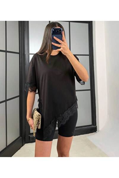 Mzr Collection KADIN DANTEL DETAYLI ASİMERİK T-SHIRT