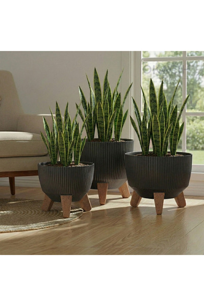 okacih 3'lü Modern Stick Line Bambu Ayaklı Saksı Akıllı Altlıklı 18 Litre