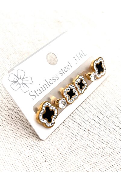 Siya Silver 316L Kararmaz Çelik Marka Model 3 Çift Yonca Küpe Seti