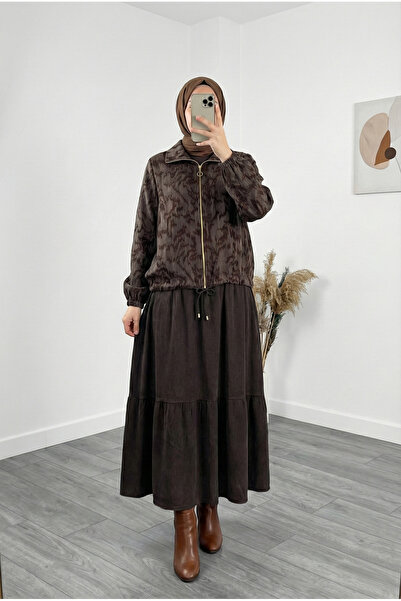 MİHRA STORE Ayşen Ceketi Desenli Altı Sıkmalı İkili Elbise-MF1795 Kahve