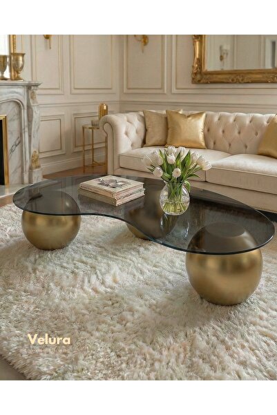 Velura Home & Living Küre Orta Sehpa - Gold - Fasulye - Füme Cam
