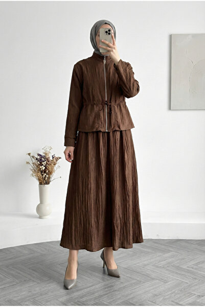 MİHRA STORE Σετ φούστας με φερμουάρ Akçay Beli Tunnel-ΣΗ1209 Καφέ