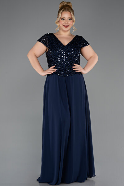 Abiyefon Lacivert Pullu Kısa Kol Uzun Şifon Büyük Beden Abiye ABU5651