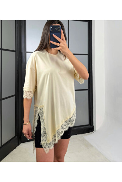Mzr Collection KADIN DANTEL DETAYLI ASİMERİK T-SHIRT