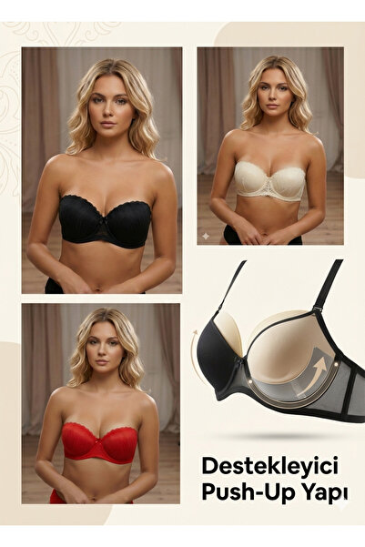 Lavint Homewear 3-Piece Strapless Lace Silicone Padded Red Push-Up Bra