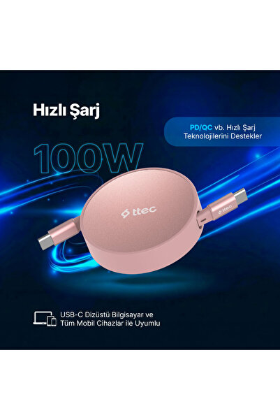 Ttec USB-C - USB-C Mini Makaralı 100W PD/QC 120cm Hızlı Şarj Kablosu