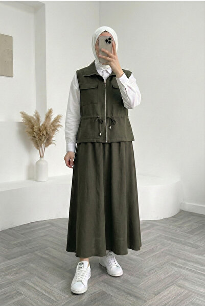 MİHRA STORE Σετ Γιλέκο με Διπλές Τσέπες και Τούνελ στη Μέση Cansel - MF678 Χακί