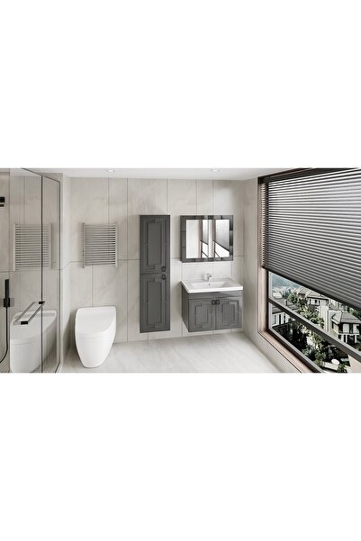 Muhtelif MRCLK Antrasit Gri 80 cm Banyo Alt Dolap + Üst Dolap + Yan Boy Dolap...