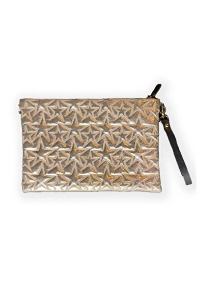 Ecrou Star Patterned Gold Shiny Portfolio & Clutch Bag with Removable Wrist S...