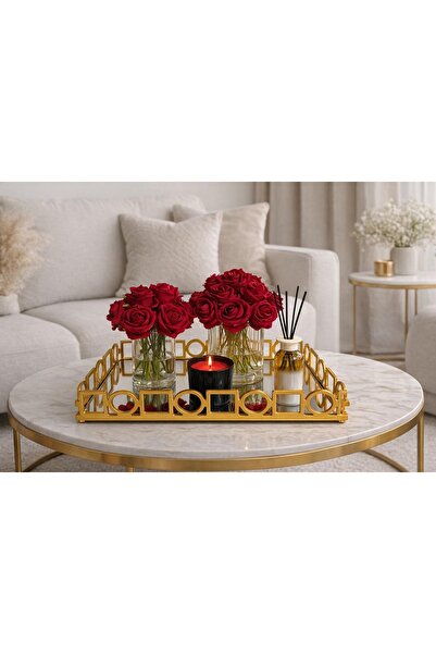 VINNOS HOME CONCEPT Gold Aynalı Dekoratif Tepsi 39x29 cm Büyük Boy Lüks Sunum...