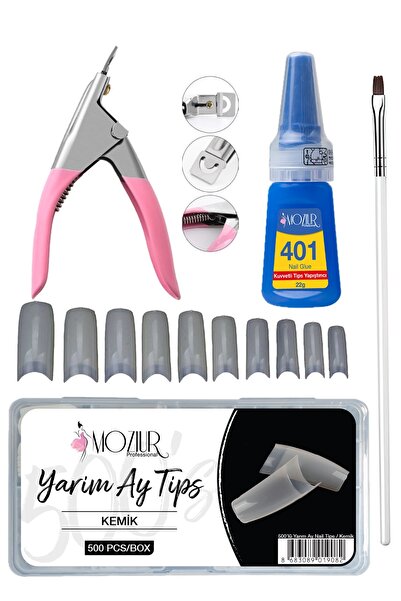 MOZIUR 500'lü Yarım Ay Tips Tırnak + Tips Makası + Tips Yapıştırıcısı + Jel F...