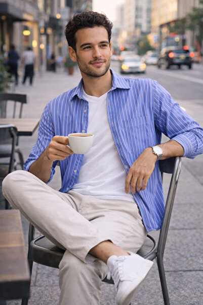 WE AND ME Μπλε Λευκό Ριγέ Μακρυμάνικο Ανδρικό Πουκάμισο 100% Βαμβάκι