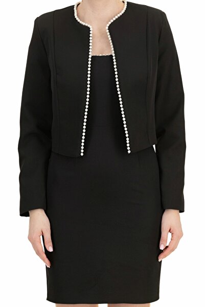 StarShinerS Sacou scurt din stofa elastica, croi drept, accesorizat cu perle