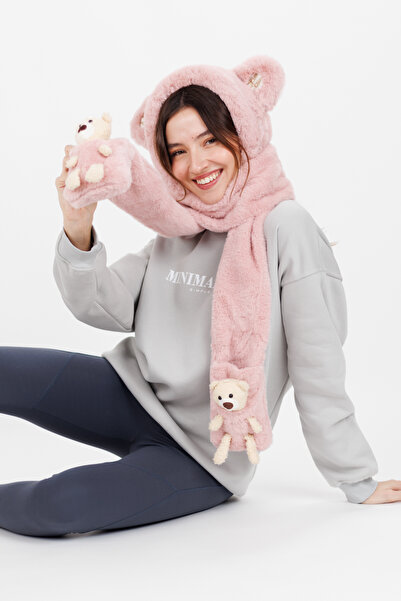 Ecrou Cute Bear Beanie Scarf Pink