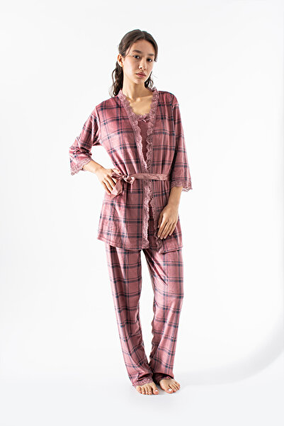 Ecrou Women's Powder Plaid Velvet Rope Strap Dressing Gown Pants 3-Piece Paja...
