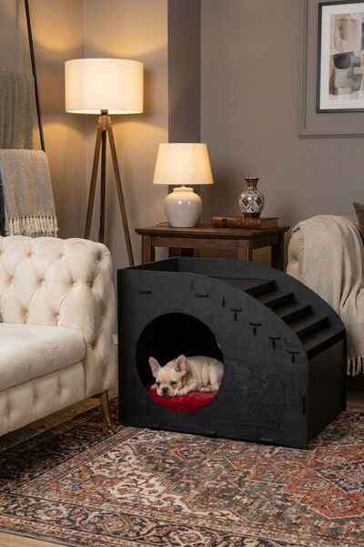 Evene Ahşap Köpek Kulübesi Dekoratif Köpek Evi Siyah Renk Merdiven Oval Model