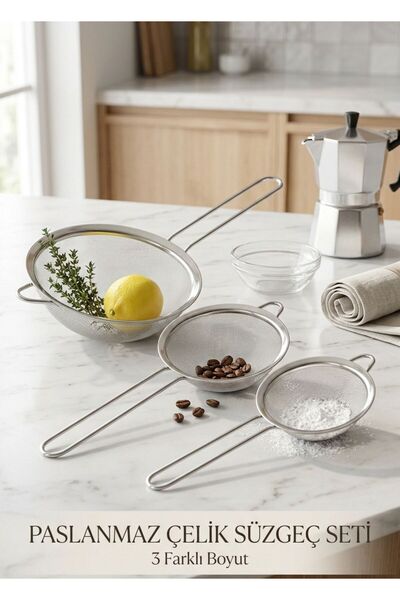 Senz 3 lü Paslanmaz Tel Süzgeç Pirinç Süzgeci, Çelik Süzgeç, Metal Süzgeç, Ça...