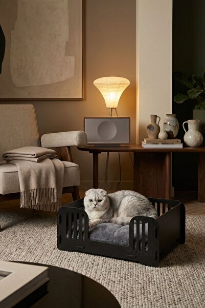 Evene Büyük Kedi Yatağı Dekoratif Ahşap Dayanıklı Siyah Renk Model 5