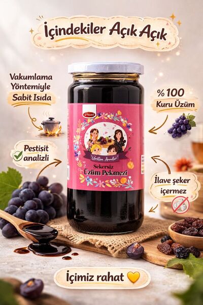 ÜRETEN ANNELER ŞEKERSİZ ÜZÜM PEKMEZİ 500 ML (PESTİSİT ANALİZLİ-KORUYUCU İÇERMEZ)