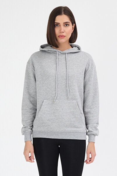Geco Kadın Gri Basic Kapüşonlu Sweatshirt Şardonsuz Tüylenme Yapmaz