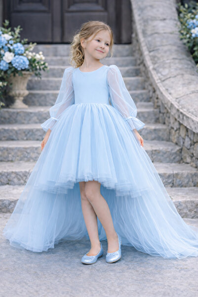 SUNEH Kız Çocuk Ön kısa Arka Uzun Kuyruk Detaylı Uzun kollu Bebe Mavi Balo, P...