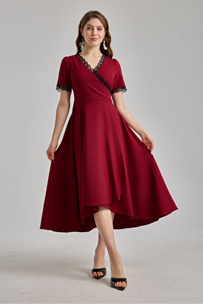 MAG FASHİON Short Sleeve Burgundy Dress with Collar and Sleeves, Asymmetrical...