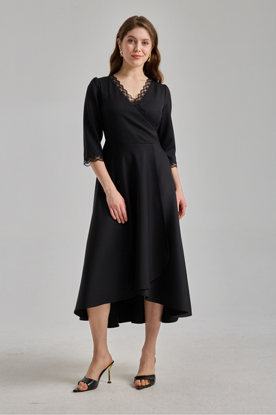 MAG FASHİON Dress with Collar and Sleeves, Asymmetrical Cut, Short in the Fro...