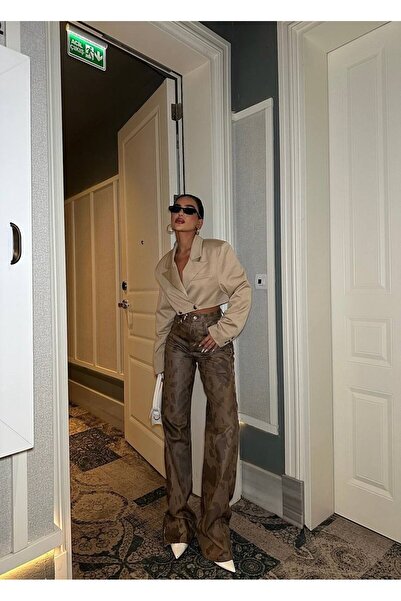 HerTon Kadın Kahve Kamuflaj Desenli Yüksek Bel Bol Paça %100 Pamuk Pantolon –...