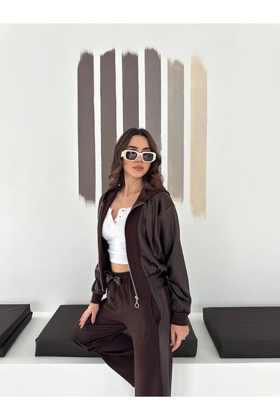 LOS VİLLİAN Women's Brown Color Zippered Hooded Satin Detailed Modal Fabric Bomber Jacket Top and Bottom Stylish Set