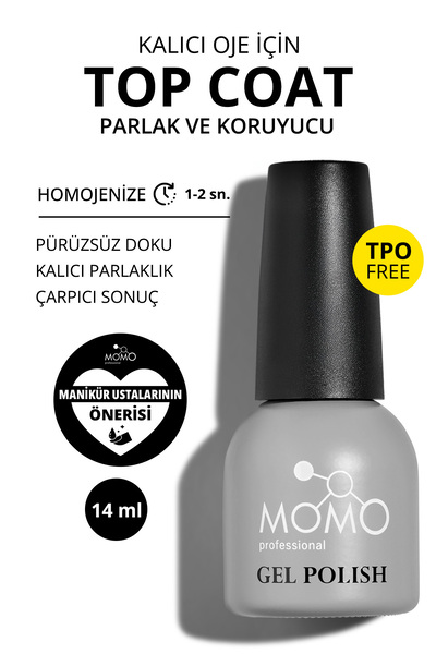 MOMO professional Kalıcı Oje Için Top Coat - Yapışkansız, 14 ml, TPO- FREE
