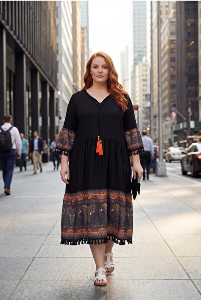 Ebsumu Γυναικείο μαύρο φόρεμα σε μεγάλο μέγεθος με πολύχρωμη λεπτομέρεια Garn...