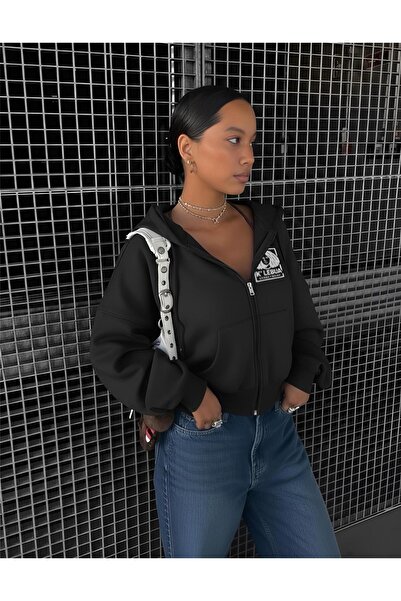 Women's Crop Hoodie with Zipper Black Hoodie - New Season