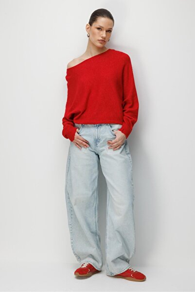 Mixray 7015 Kadın Yün Karışımlı Yarasa Kol Yumuşak Doku Triko Kazak Kırmızı