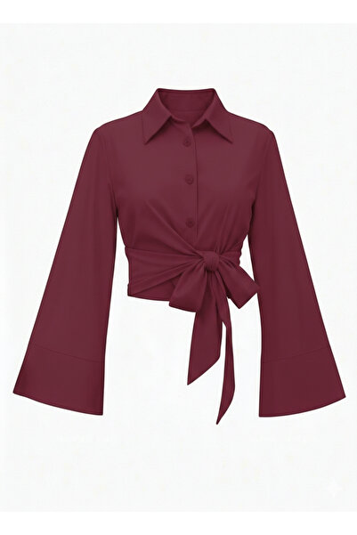 Modamorfo Tie-Waist Spanish Sleeve Poplin Shirt Blouse - Burgundy