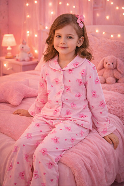 Tarık Pembe Önden Düğmeli Kız Çocuk Pijama Takımı – Esnek ve Yumuşak Kumaş